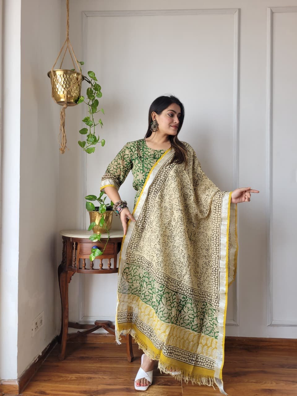 Green Bagru Hand Block Printed Linen Suit Set
